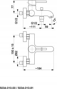 Bateria wannowa KFA 5034-010-31 / KFA / MOZA /  BATERIA WANNOWA ŚCIENNA,   ZŁOTY SZCZOTKOWANY PVD / 5
