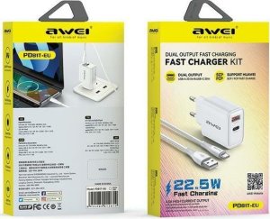 Ładowarka Awei AWEI ład. siec. PD81T-EU 22.5W + kabel USB + USB-C biała/white GaN 2