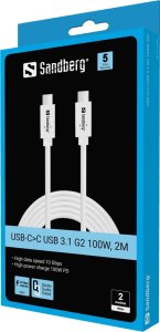 Kabel USB Sandberg USB-C - USB-C 2 m Biały (USB-C<gt/>C USB 3.1 G2 100W,) 2
