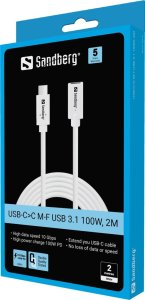 Kabel USB Sandberg USB-C - USB-C 2 m Biały (USB-C<gt/>C M-F USB 3.1 100W,) 2