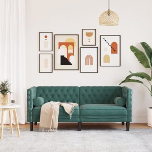 vidaXL Sofa Chesterfield z wałkami, dwuosobowa, ciemnozielona, aksamit 3