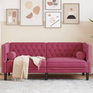 vidaXL Sofa Chesterfield z wałkami, dwuosobowa, bordowa, aksamit 1