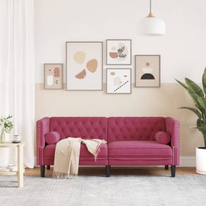 vidaXL Sofa Chesterfield z wałkami, dwuosobowa, bordowa, aksamit 3