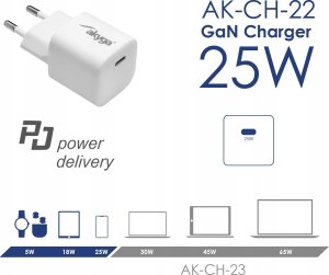 Ładowarka Akyga Ładowarka USB AK-CH-22 USB-C PD 5-12V / max. 3A 25W Quick Charge 3.0 GaN 5