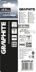Wiertło Graphite do metalu HSS, DIN 340, przedłużane, 5 mm (54T995) 3