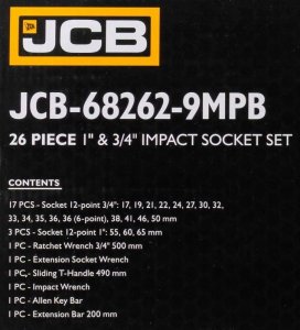 Klucz udarowy JCB JCB ZESTAW KLUCZY UDAROWYCH 26el. 3/4" - 1" 12KĄT. (17-65mm) 5