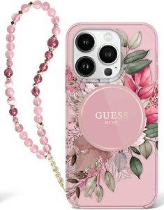 Guess Guess GUHMP16SHFWBRCESP iPhone 16 6.1" różowy/pink hardcase IML Flowers With Pearl Strap MagSafe 1