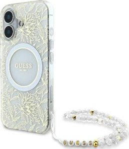 Guess Guess GUHMP16MHCPOFPH iPhone 16 Plus 6.7" biały/white hardcase IML Flowers Allover Electro With Pearl Strap MagSafe 1