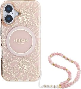 Guess Guess GUHMP16MHCPOFPP iPhone 16 Plus 6.7" różowy/pink hardcase IML Flowers Allover Electro With Pearl Strap MagSafe 2
