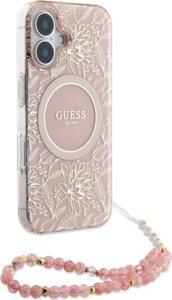 Guess Guess GUHMP16MHCPOFPP iPhone 16 Plus 6.7" różowy/pink hardcase IML Flowers Allover Electro With Pearl Strap MagSafe 3