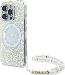 Guess Guess GUHMP16LHCPOFPH iPhone 16 Pro 6.3" biały/white hardcase IML Flowers Allover Electro With Pearl Strap MagSafe 1