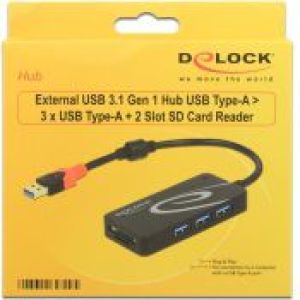HUB USB Delock 1x SD 1x microSD  + 3x USB-A 3.1 Gen1 (62899) 3