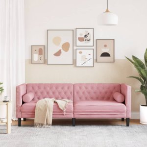 vidaXL Sofa Chesterfield z wałkami, trzyosobowa, różowa, aksamit 3