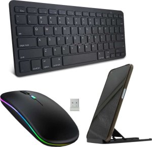Klawiatura + mysz Alogy Alogy Uniwersalna Klawiatura Bezprzewodowa Bluetooth Czarna + Myszka BT Cicha + Podstawka regulowana 1