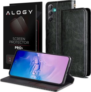 Alogy Etui ochronne z klapką skórzany portfel Alogy Wallet Case obudowa na telefon do Samsung Galaxy A34 5G Czarne + Szkło 1