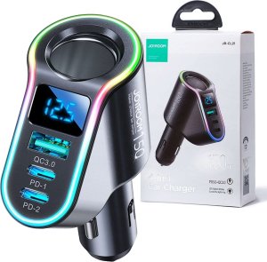 Ładowarka Joyroom Ładowarka samochodowa USB QC 3.0 2x USB-C PD 150W rozdzielacz JoyRoom Car Charger 4w1 LED RGB czarna 1