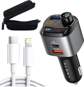 Transmiter FM Alogy Transmiter samochodowy FM Alogy Ładowarka USB QC 3.0 + USB-C PD Bluetooth odtwarzacz MP3 + Kabel 1m USB-C do Lightning  + Etui 1