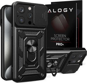 Alogy Etui pancerne do iPhone 15 Pro Max Camshield Case Ring Alogy Stand z osłonką na aparat slide czarne + Szkło 1