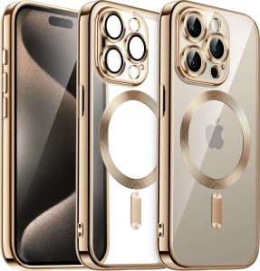 Alogy Etui MagSafe Case do iPhone 15 Pro Max Glamour Luxury obudowa Slim Ring Alogy Złote przezroczyste + Szkło 1