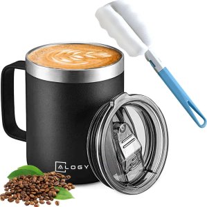 Alogy Kubek termiczny 420ml z uchwytem pokrywką na kawę herbatę stalowy zimne i ciepłe napoje Alogy Czarny + Szczotka do mycia 14