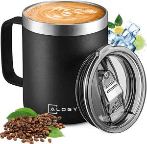 Alogy Kubek termiczny 420ml z uchwytem pokrywką na kawę herbatę stalowy zimne i ciepłe napoje Alogy Czarny + Szczotka do mycia 15