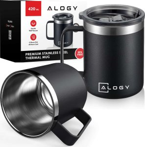Alogy Kubek termiczny 420ml z uchwytem pokrywką na kawę herbatę stalowy zimne i ciepłe napoje Alogy Czarny + Szczotka do mycia 16