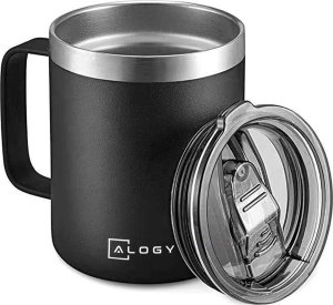 Alogy Kubek termiczny 420ml z uchwytem pokrywką na kawę herbatę stalowy zimne i ciepłe napoje Alogy Czarny + Szczotka do mycia 17