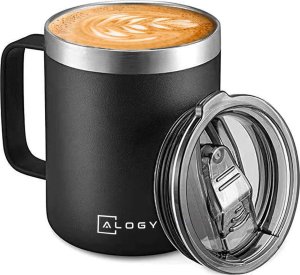 Alogy Kubek termiczny 420ml z uchwytem pokrywką na kawę herbatę stalowy zimne i ciepłe napoje Alogy Czarny + Szczotka do mycia 18