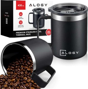 Alogy Kubek termiczny 420ml z uchwytem pokrywką na kawę herbatę stalowy zimne i ciepłe napoje Alogy Czarny + Szczotka do mycia 19