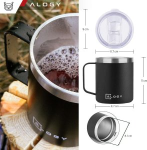 Alogy Kubek termiczny 420ml z uchwytem pokrywką na kawę herbatę stalowy zimne i ciepłe napoje Alogy Czarny + Szczotka do mycia 4