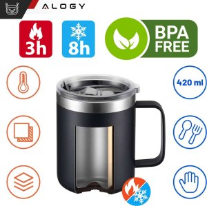 Alogy Kubek termiczny 420ml z uchwytem pokrywką na kawę herbatę stalowy zimne i ciepłe napoje Alogy Czarny + Szczotka do mycia 5