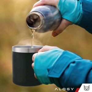 Alogy Kubek termiczny 420ml z uchwytem pokrywką na kawę herbatę stalowy zimne i ciepłe napoje Alogy Czarny + Szczotka do mycia 10