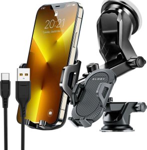 Alogy Uchwyt samochodowy do telefonu do auta 3w1 Alogy na szybę do kratki na deskę rozdzielczą kokpit Czarny + Kabel USB-C 2.4A 1m 1