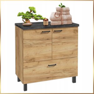 Stamar Szafka Łazienkowa Stojąca 80 cm Dąb Złoty Cichy Domyk + Blat Beton Czarny 2