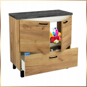 Stamar Szafka Łazienkowa Stojąca 80 cm Dąb Złoty Cichy Domyk + Blat Beton Czarny 3