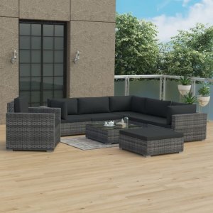 vidaXL VidaXL 8 Piece Patio Lounge Set with Cushions Poly Rattan Gray 1