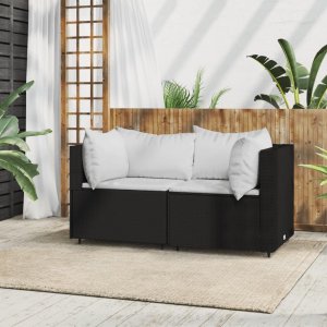 vidaXL VidaXL Patio Corner Sofa with Cushions Black Poly Rattan 1