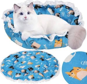 Springos Legowisko dla psa i kota okrągłe śr. 73 cm pluszowe posłanie ze ściągaczem niebieskie UNIWERSALNY 3
