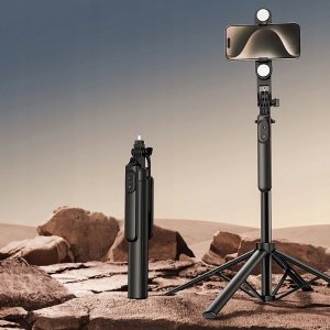 Selfie stick Hurtel Selfie stick WH181D-Y1S teleskopowy statyw 1.75m ze stopu aluminium z podwójną lampą i uchwytem na telefon - czarny 5