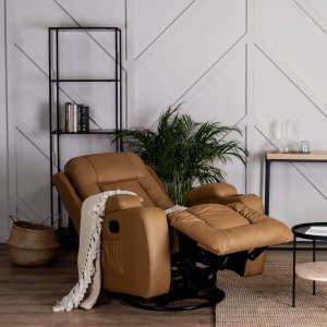 Mebel Elite Fotel Masujący BOX Rozkładany z Podnóżkiem Karmelowy Ekoskóra Nowoczesny 2