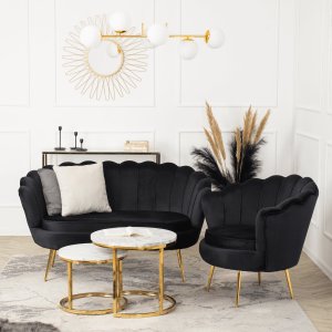 Mebel Elite Zestaw Dwuosobowa Sofa ZENDAYA i Fotel Wypoczynkowy ANGEL Czarny Muszelka Glamour do Salonu 1