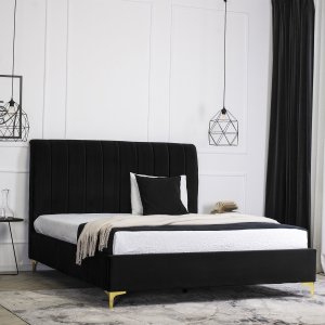 Mebel Elite Łóżko Tapicerowane 160x200 cm ze Stelażem Dwuosobowe MARCELO Welurowe Czarne 1