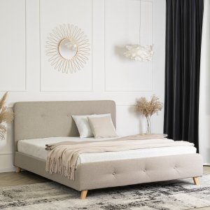 Mebel Elite Łóżko Tapicerowane 160x200 cm ze Stelażem Dwuosobowe MIKEL Tkanina Beżowe 1