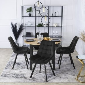 Mebel Elite Zestaw Stół Okrągły Rozkładany HARRY 102-142 cm Dąb Riviera/Czarny i 4 Krzesła Tapicerowane do Salonu RICK Czarne Welurowe Loft 1