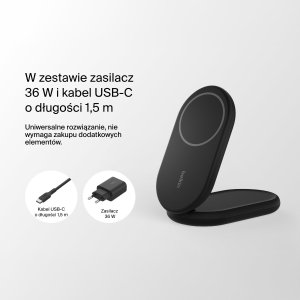 Ładowarka Belkin ładowarka indukcyjna składana 2w1 MagSafe Qi2 15 W czarna z zasilaczem 36 W 14