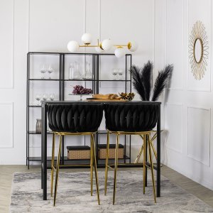 Mebel Elite Krzesło Barowe Tapicerowane Plecione Hoker FLORES 2 Czarne Welurowe Nowoczesne Glamour 2