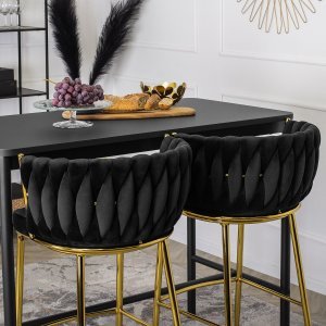 Mebel Elite Krzesło Barowe Tapicerowane Plecione Hoker FLORES 2 Czarne Welurowe Nowoczesne Glamour 3