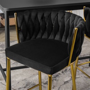 Mebel Elite Krzesło Barowe Tapicerowane Plecione Hoker FLORES 2 Czarne Welurowe Nowoczesne Glamour 4