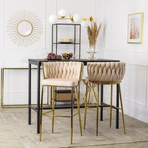 Mebel Elite Krzesło Barowe Tapicerowane Plecione Hoker FLORES 2 Kremowe Welurowe Nowoczesne Loft 1