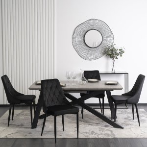 Mebel Elite Zestaw Stół Prostokątny Rozkładany HAMILTON 160-200 cm Szary Beton/Czarny i 4 Krzesła Tapicerowane CORK Czarne Welurowe 1